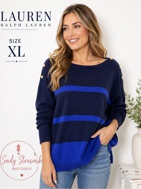 Lauren Ralph Lauren Navy & Royal Blue Striped Knit Top Size 1X